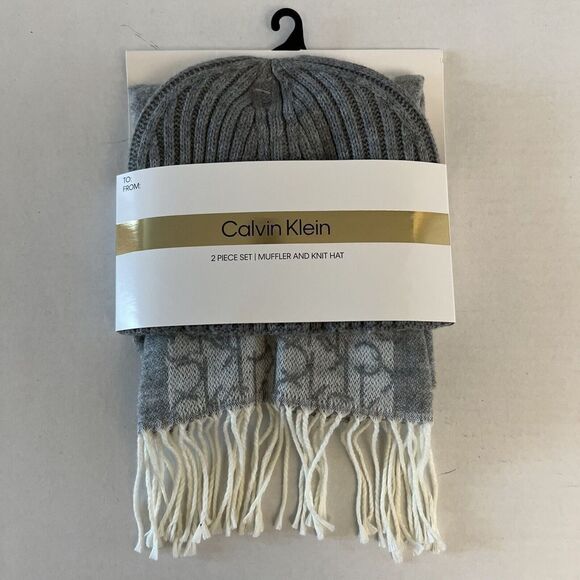 Calvin Klein A1WZ6861 2 Pc. Hat Scarf Set Heathered Gray Logo Design NEW - Picture 1 of 7